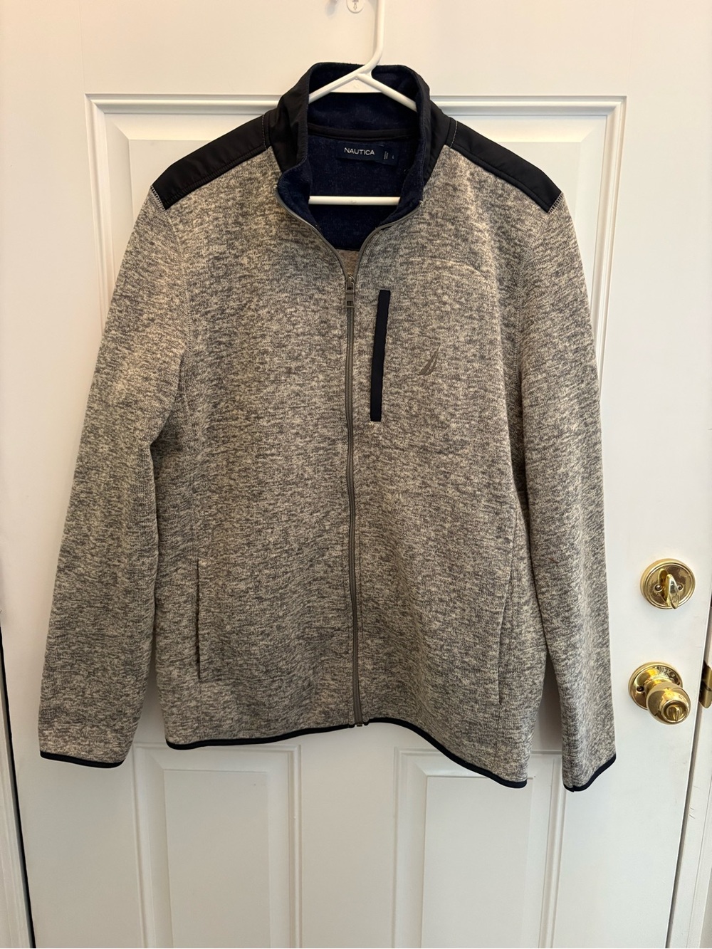 Nautica Men's Light Heather Gray Full-Zip Shirt Jacket with Navy Trim